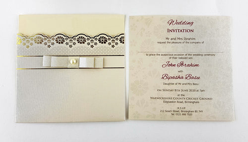 Load image into Gallery viewer, SC 5648 Ivory gold foiled pearl ribbon Invitation
