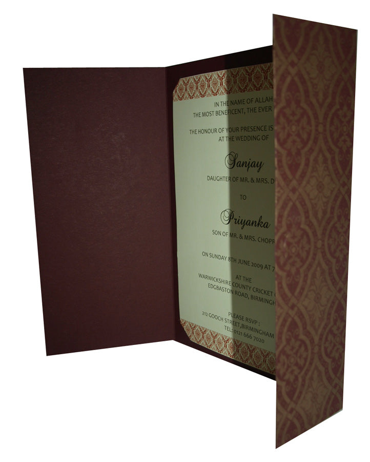 Burgundy Gold Ganesh Hindu Marriage Invitation Card ABC 367