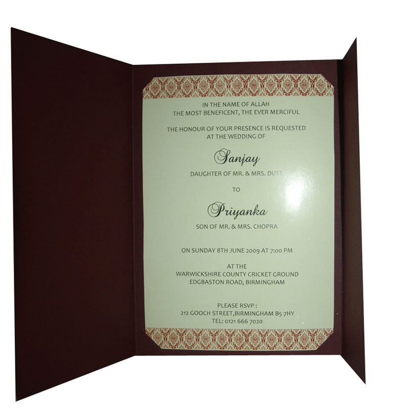 Burgundy Gold Ganesh Hindu Marriage Invitation Card ABC 367