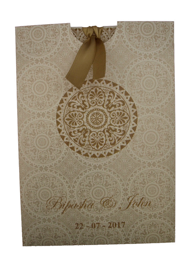 ABC 833 Wedding Invitation - A5 Pocket Invitation with Light Gold Damask Pattern, Customizable Image & Names, Includes Tassel