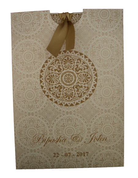 ABC 833 Wedding Invitation - A5 Pocket Invitation with Light Gold Damask Pattern, Customizable Image & Names, Includes Tassel