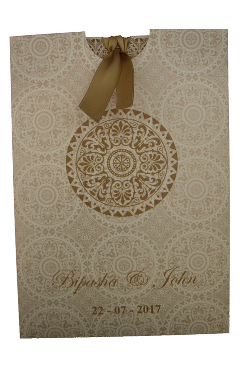 Load image into Gallery viewer, ABC 833 Wedding Invitation - A5 Pocket Invitation with Light Gold Damask Pattern, Customizable Image &amp; Names, Includes Tassel
