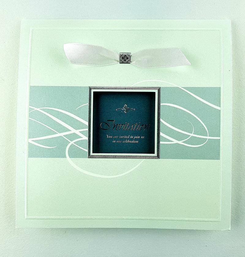 Close-up detail of 7006 Invitation, highlighting the square window cutout and shimmering pearlescent cardstock, adding a touch of sophistication and charm to the design