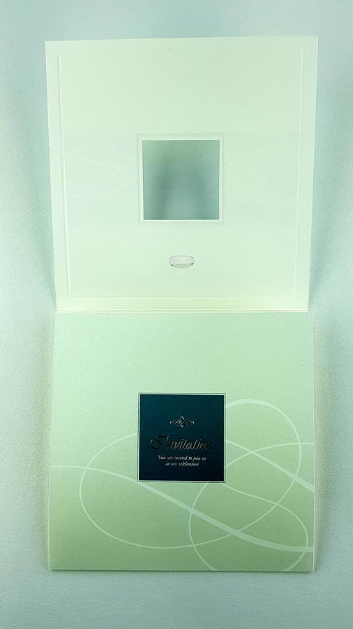 Close-up of 7006 Invitation, showcasing the shimmering pearlescent cardstock in varying shades of blue, creating a dazzling and luxurious effect.