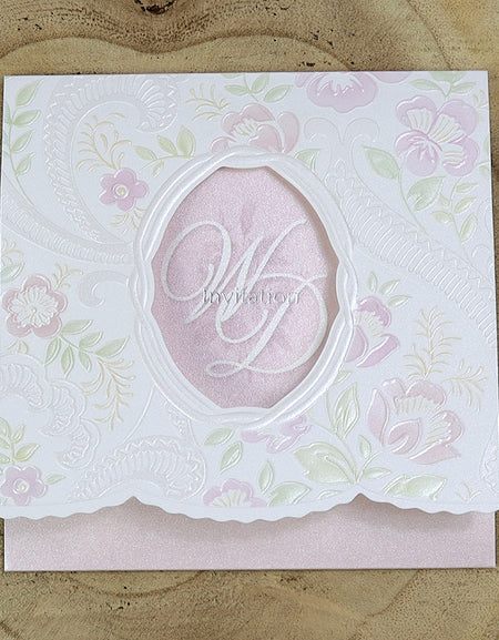 Open view of 7022 Invitation, revealing the embossed floral design and oblong cutout with 'WD' visible through the pink cardstock, perfect for weddings and formal events