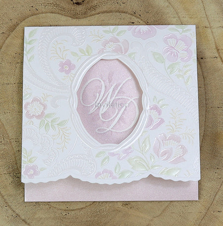 Open view of 7022 Invitation, revealing the embossed floral design and oblong cutout with 'WD' visible through the pink cardstock, perfect for weddings and formal events