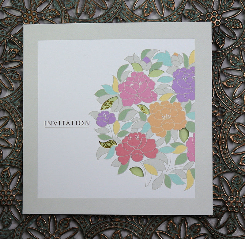 Open view of 7044 Invitation, revealing the square 2-fold design with event details and a lush floral bouquet in vivid colors, perfect for weddings and festive events