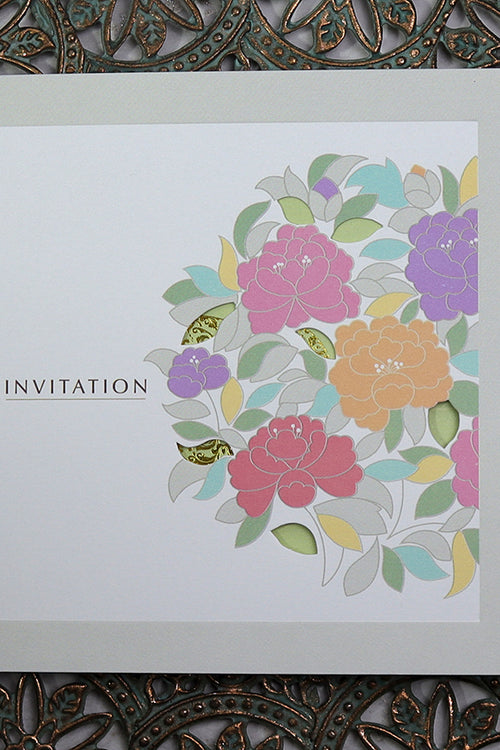 Load image into Gallery viewer, Open view of 7044 Invitation, revealing the square 2-fold design with event details and a lush floral bouquet in vivid colors, perfect for weddings and festive events
