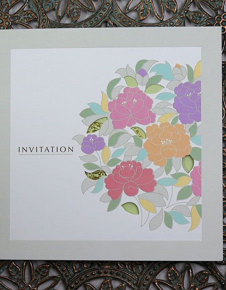 Open view of 7044 Invitation, revealing the square 2-fold design with event details and a lush floral bouquet in vivid colors, perfect for weddings and festive events