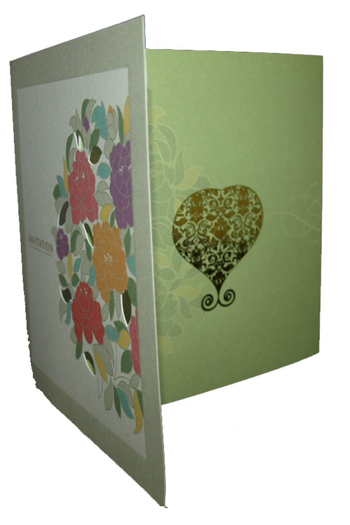 Load image into Gallery viewer, Close-up detail of 7044 Invitation, highlighting the intricate floral bouquet in purple, pink, blue, orange, and yellow, adding a vibrant and artistic touch to the design
