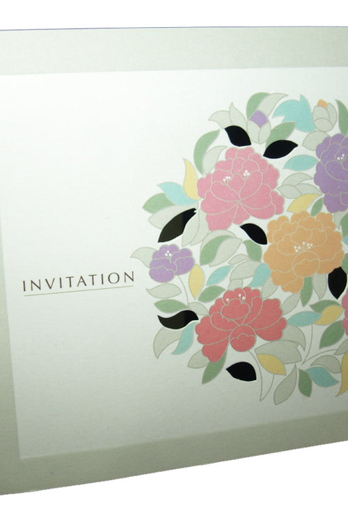 Load image into Gallery viewer, 7044 Vivid Colors Floral Bouquet Invitation displayed with its matching envelope, featuring a vibrant floral design for a cohesive and festive stationery set
