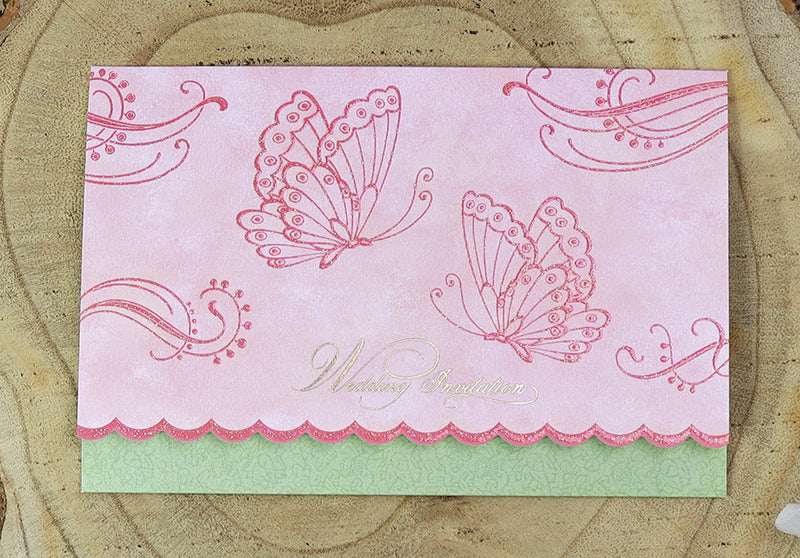 Pink and green Butterfly wedding invtation card design 8022