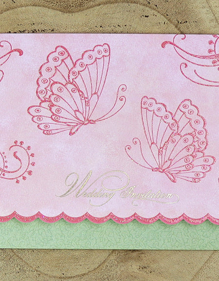 Pink and green Butterfly wedding invtation card design 8022