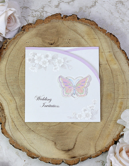 Closed view of 8108 Square Lavender 2-Fold Invitation, showcasing a silver foil butterfly cutout that tucks over a heart-shaped fold, creating an elegant and interactive design