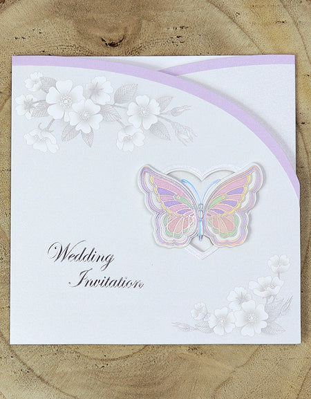Side view of 8108 Invitation, revealing the heart-shaped cutout and silver foil butterfly design, with lavender cardstock adding a soft and romantic touch