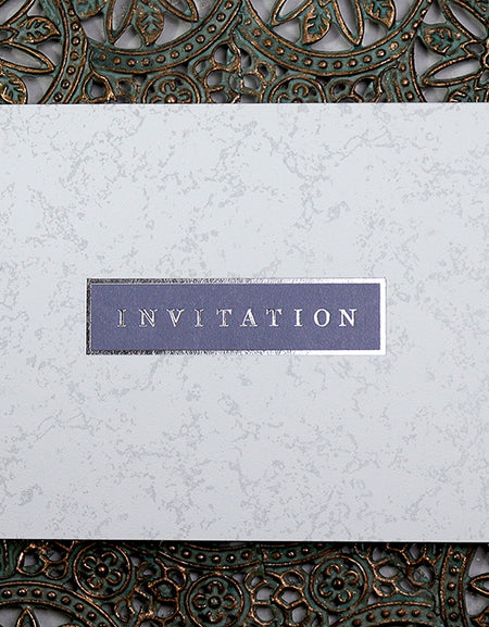 Open view of 828 Invitation, revealing the single-fold design with event details on a light purple marble background, ideal for engagement parties, birthdays, and corporate events