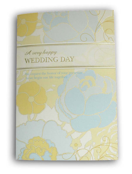 8551 – Pale Blue & Yellow Floral Z-Fold Wedding Invitation with Foiled Front Text