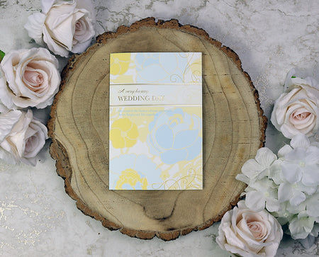 8551 – Pale Blue & Yellow Floral Z-Fold Wedding Invitation with Foiled Front Text