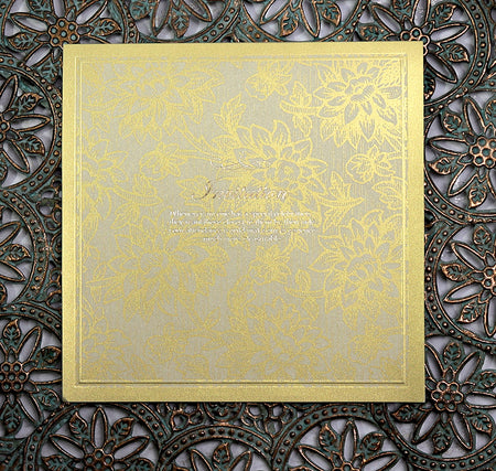 Flat-lay of 8556 square invitation showcasing its elegant gold detailing and premium cardstock.