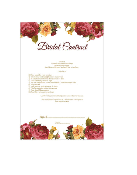 The Front on view of a funny marriage contract for husband along with a Funny Grooms Contract. This is a 
funny contract for wedding with red and yellow flowers