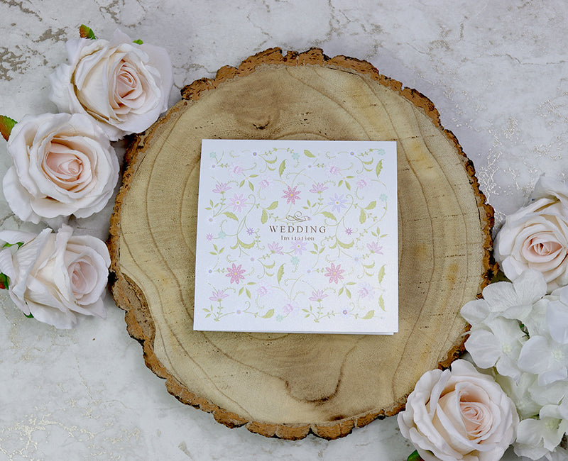 Pink and green Floral vine wall design wedding invitation card 9102