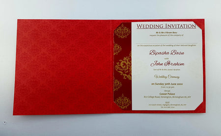 ABC 946 Large Square Red & Gold Damask Wedding Invitation