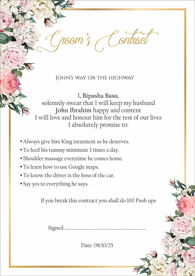 991 - A1 Groom’s Contract Poster for Wedding