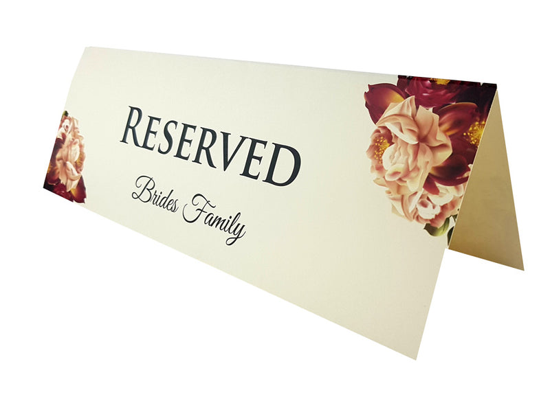 Brides Family Table name place Reserved folded card with maroon and cream flowers