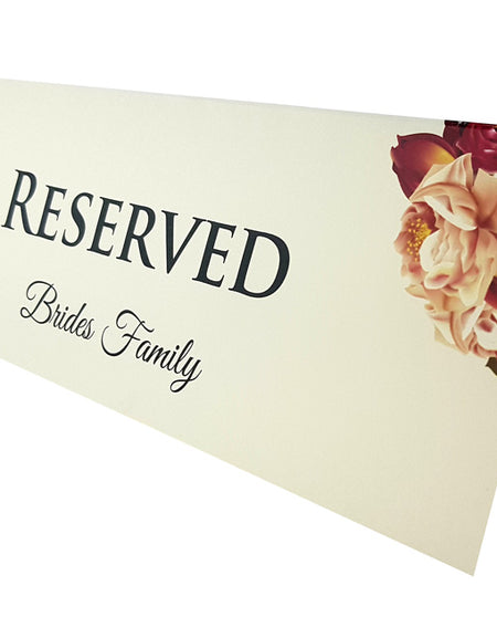 Brides Family Table name place Reserved folded card with maroon and cream flowers