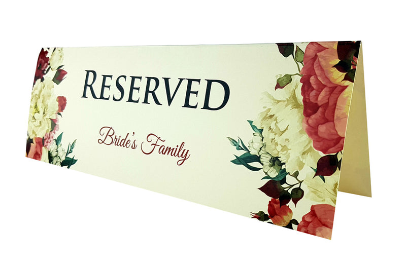 Red and white peonies with green leaves water colour floral reserved table place card from shaadi cards Birmingham