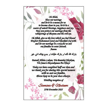 Front view of Floral 106 Flat Place Card / Dua Card, showcasing a vibrant floral design in pink, red, and green, perfect for Muslim wedding table settings
