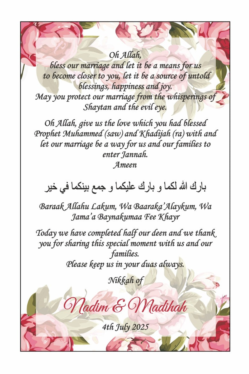 Front view of Rose Leaf Flat Place Card / Dua Card, showcasing pink rose watercolor flowers and green leaves, perfect for Muslim wedding table settings