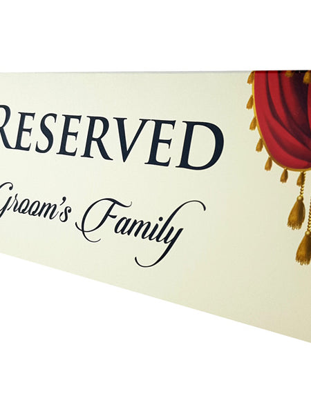 Luxurious red velvet curtain reserved table card with gold tassels saddi cards.com