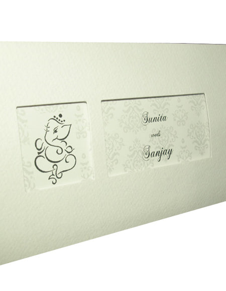 Front view of RWB 302H White Hammer Embossed Pocket Invitation, featuring a textured floral pattern and dual cut-out windows.