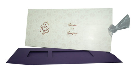 Opened out view of the Purple coloured Desi Indian Hindu pocket invitation in purple colour with matching ribbon