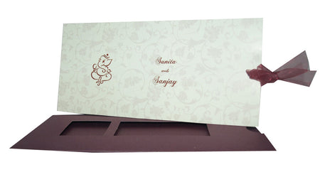 Open card view of the Hindu Ganesh Pocket Shadi card in purple colour with purple bow