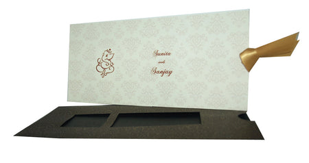 Flat-lay of RWB 307H Luxury Hindu Wedding Invitation, showcasing the gold and grey color scheme and intricate detailing.