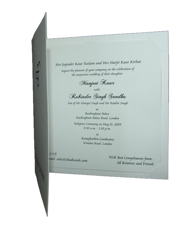 Simple white and silver Ek Onkar Sikh wedding invitation card ABC 651S