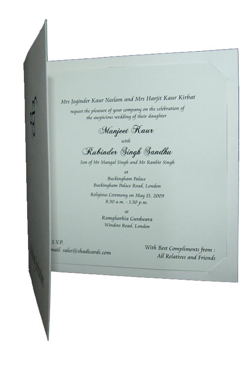 Load image into Gallery viewer, Simple white and silver Ek Onkar Sikh wedding invitation card ABC 651S
