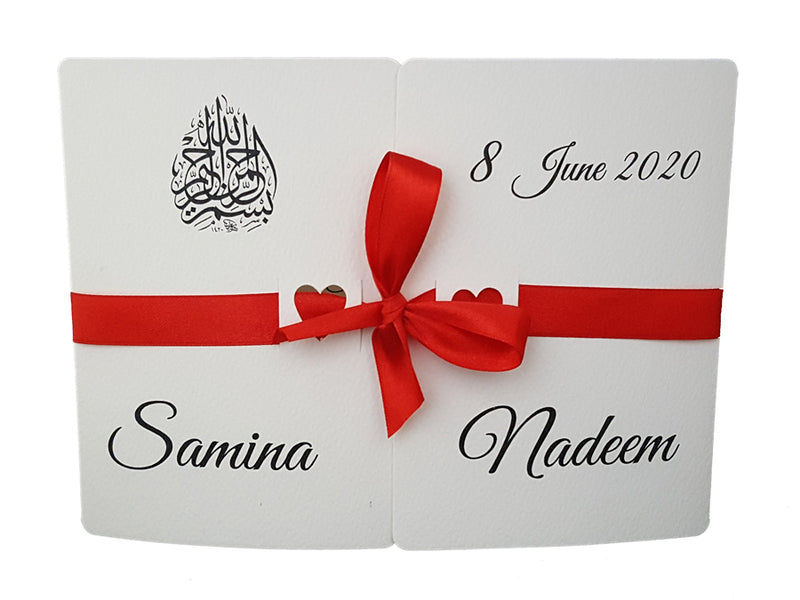 Front view of ABC 847 Muslim Personalized Gatefold Invitation, showcasing ivory hammer embossed cardstock and a customizable ribbon, perfect for weddings and cultural events from shaadi cards