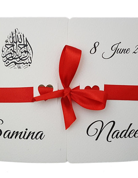 Front view of ABC 847 Muslim Personalized Gatefold Invitation, showcasing ivory hammer embossed cardstock and a customizable ribbon, perfect for weddings and cultural events from shaadi cards
