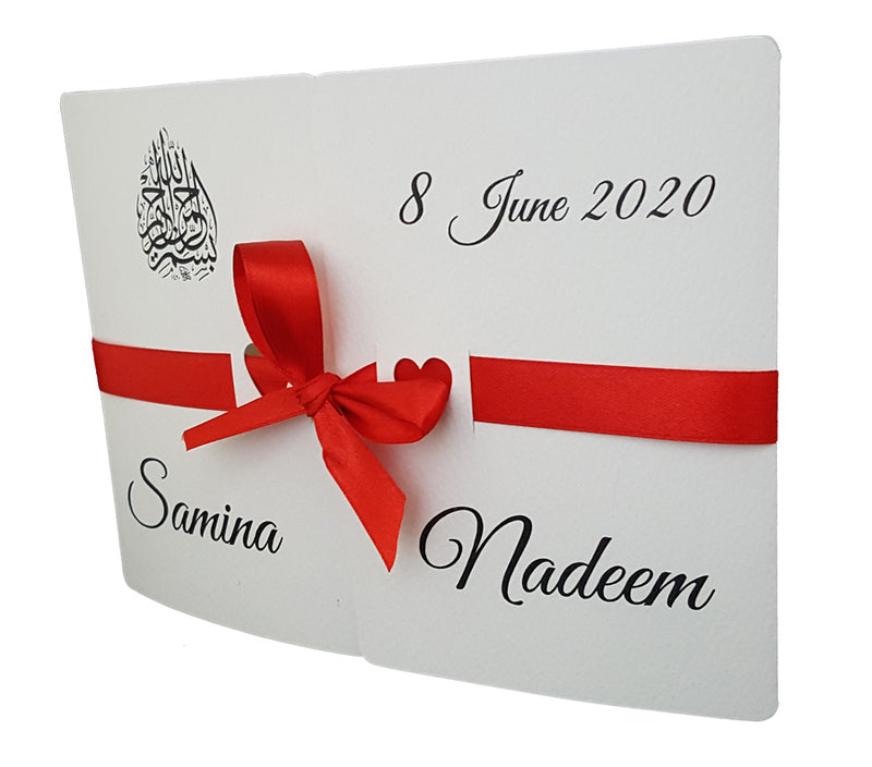 Open view of ABC 847 Invitation, revealing the gatefold design with customizable text and images, crafted from ivory hammer embossed cardstock for a luxurious look shadi card