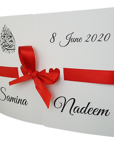 Open view of ABC 847 Invitation, revealing the gatefold design with customizable text and images, crafted from ivory hammer embossed cardstock for a luxurious look shadi card