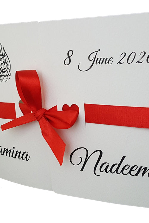 Load image into Gallery viewer, Open view of ABC 847 Invitation, revealing the gatefold design with customizable text and images, crafted from ivory hammer embossed cardstock for a luxurious look shadi card
