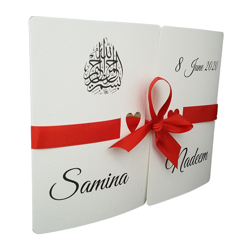 Close-up of the customizable ribbon on ABC 847 Invitation, showcasing how the ribbon color and design can be tailored to match your event theme from muslimweddingcard.com
