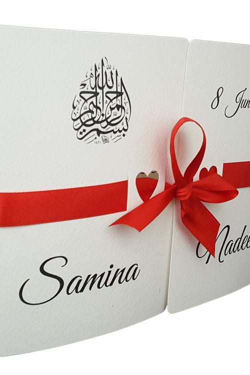 Load image into Gallery viewer, Close-up of the customizable ribbon on ABC 847 Invitation, showcasing how the ribbon color and design can be tailored to match your event theme from muslimweddingcard.com

