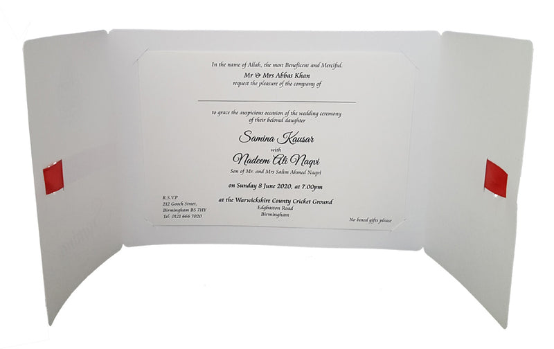 Close-up detail of ABC 847 Invitation, highlighting the hammer embossed texture on ivory cardstock, adding a tactile and sophisticated touch to the design with shadi card.com