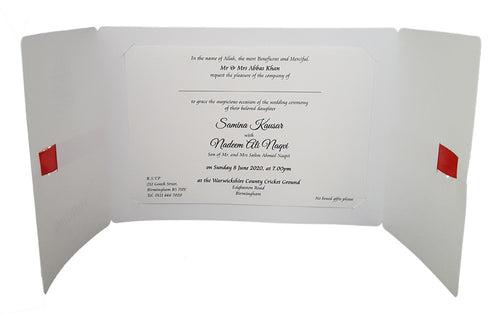Load image into Gallery viewer, Close-up detail of ABC 847 Invitation, highlighting the hammer embossed texture on ivory cardstock, adding a tactile and sophisticated touch to the design with shadi card.com
