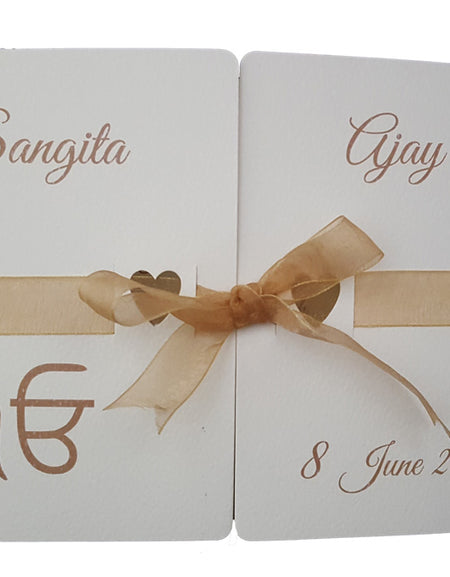 Ivory and Gold ribbon Personalised Sikh Invitation ABC 847