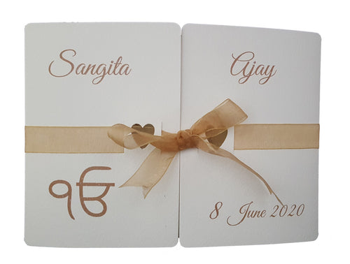 Load image into Gallery viewer, Ivory and Gold ribbon Personalised Sikh Invitation ABC 847
